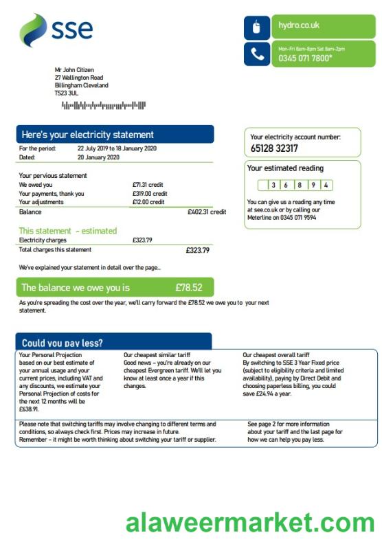United Kingdom SSE Energy utility bill template in Word and PDF format, version 3